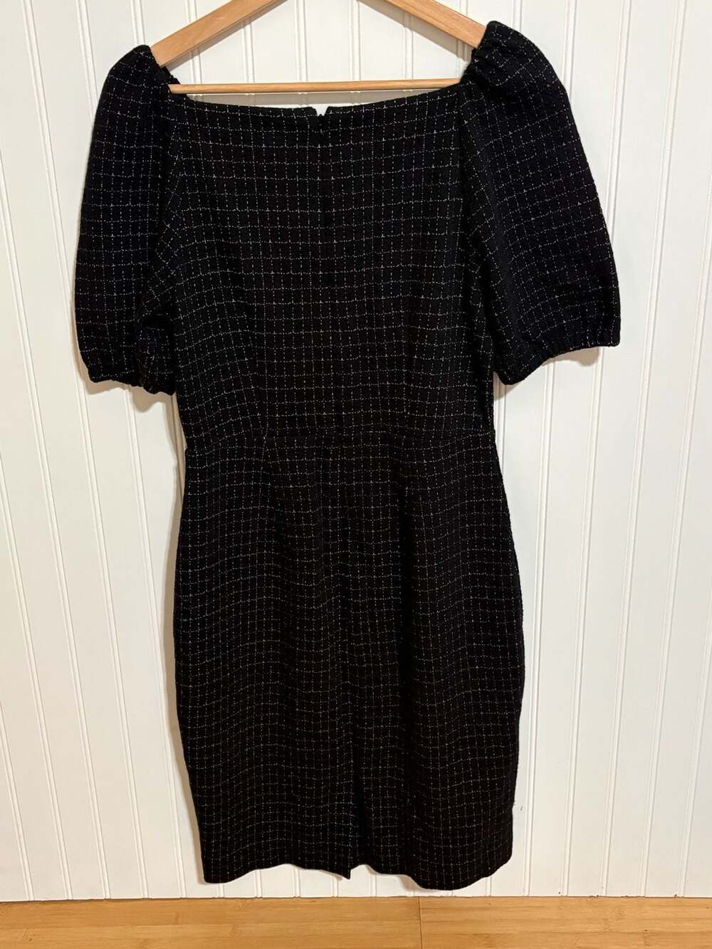 Ann Taylor Black Textured Grid Square Neck Puff Sleeve Dress Size 2